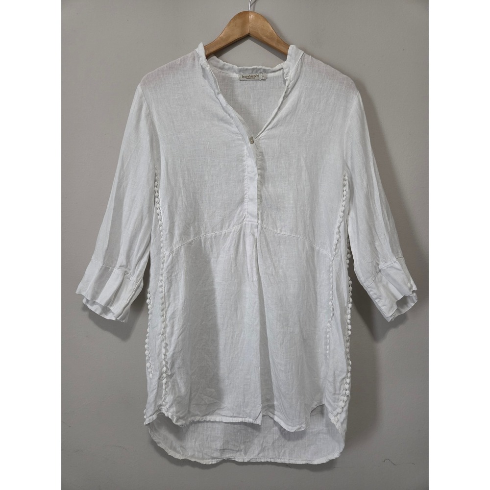 Laura Bianchi Italy White 100% Linen Pom Pom Trim Tunic Top Womens Small 9016/LI